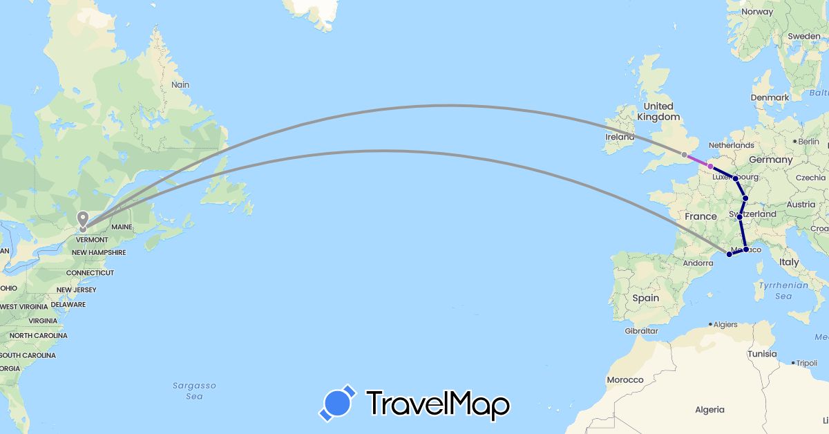 TravelMap itinerary: driving, plane, train in Canada, Switzerland, France, United Kingdom, Luxembourg, Monaco (Europe, North America)