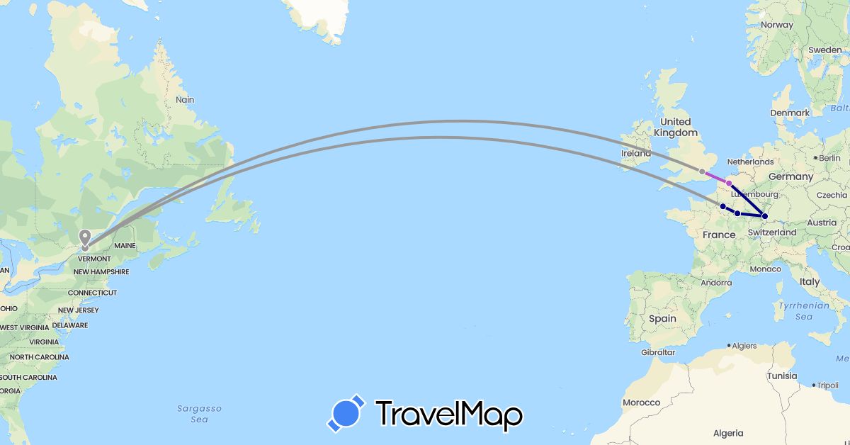 TravelMap itinerary: driving, plane, train in Canada, France, United Kingdom (Europe, North America)